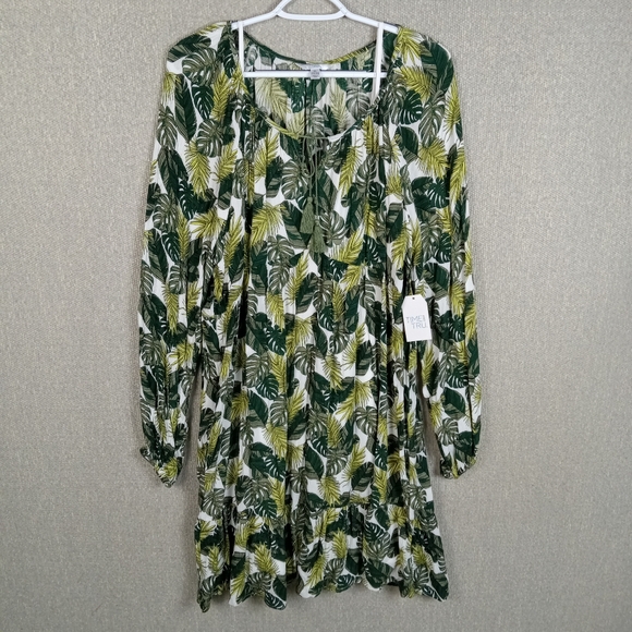 Time & Tru Leaf Palm Print Dress Womens XL Keyhole Tie Midi Relaxed Fit Comfort - Picture 1 of 7